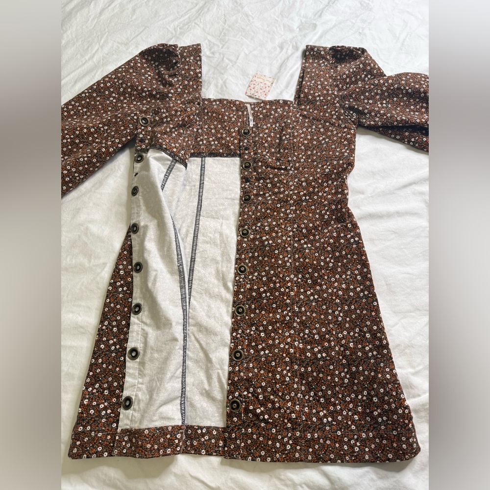 Free People Clementine Corduroy Mini Dress Brown Floral Puff Sleeve Size 10 NWT - Picture 7 of 13